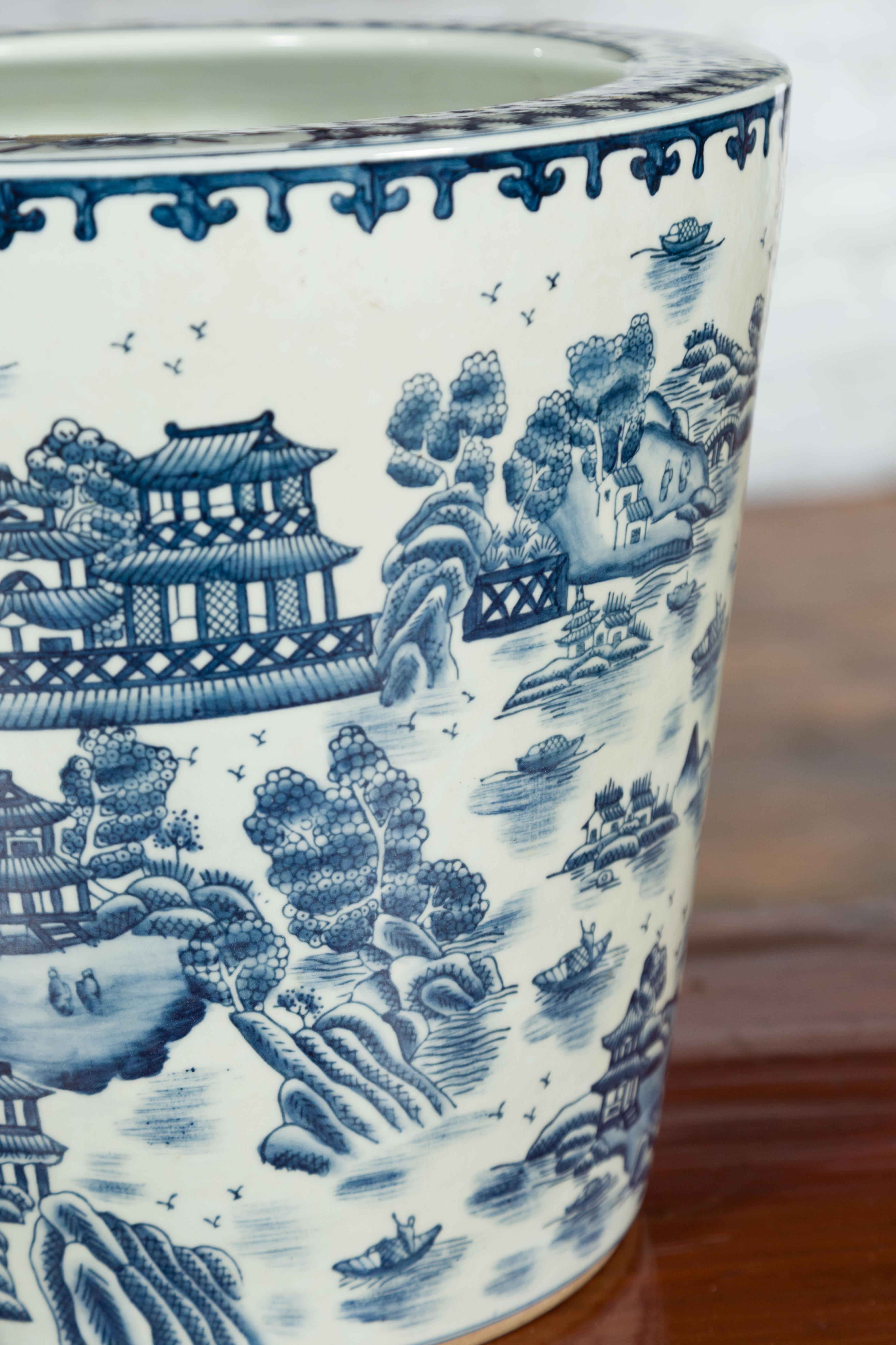 20th Century Vintage Porcelain Cache-Pot Planter with Blue and White Mountainous Landscape For Sale