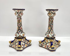 Vintage Porcelain Candlesticks, Hand-Painted Floral, Pair, Franc, Mid XX Century