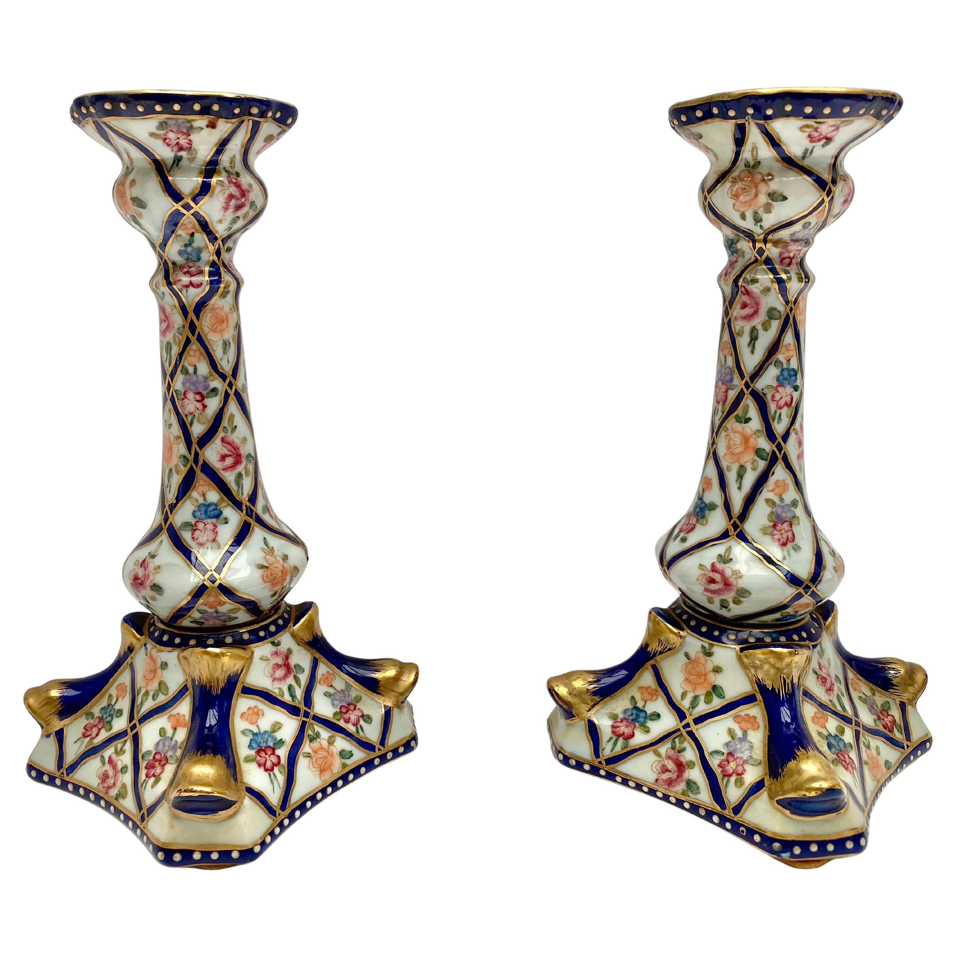 Vintage Porcelain Candlesticks, Hand-Painted Floral, Pair, Franc, Mid XX Century
