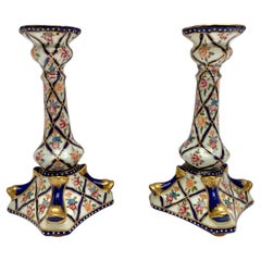 Vintage Porcelain Candlesticks, Hand-Painted Floral, Pair, Franc, Mid XX Century