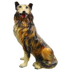 Vieille statue de chien Collie en porcelaine:: 1970