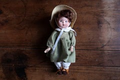 Vintage Porcelain Collector Doll, 20th Century, Sage Green Linen Dress - 2C154