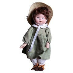 Vintage Porcelain Collector Doll, 20th Century, Sage Green Linen Dress - 2C154