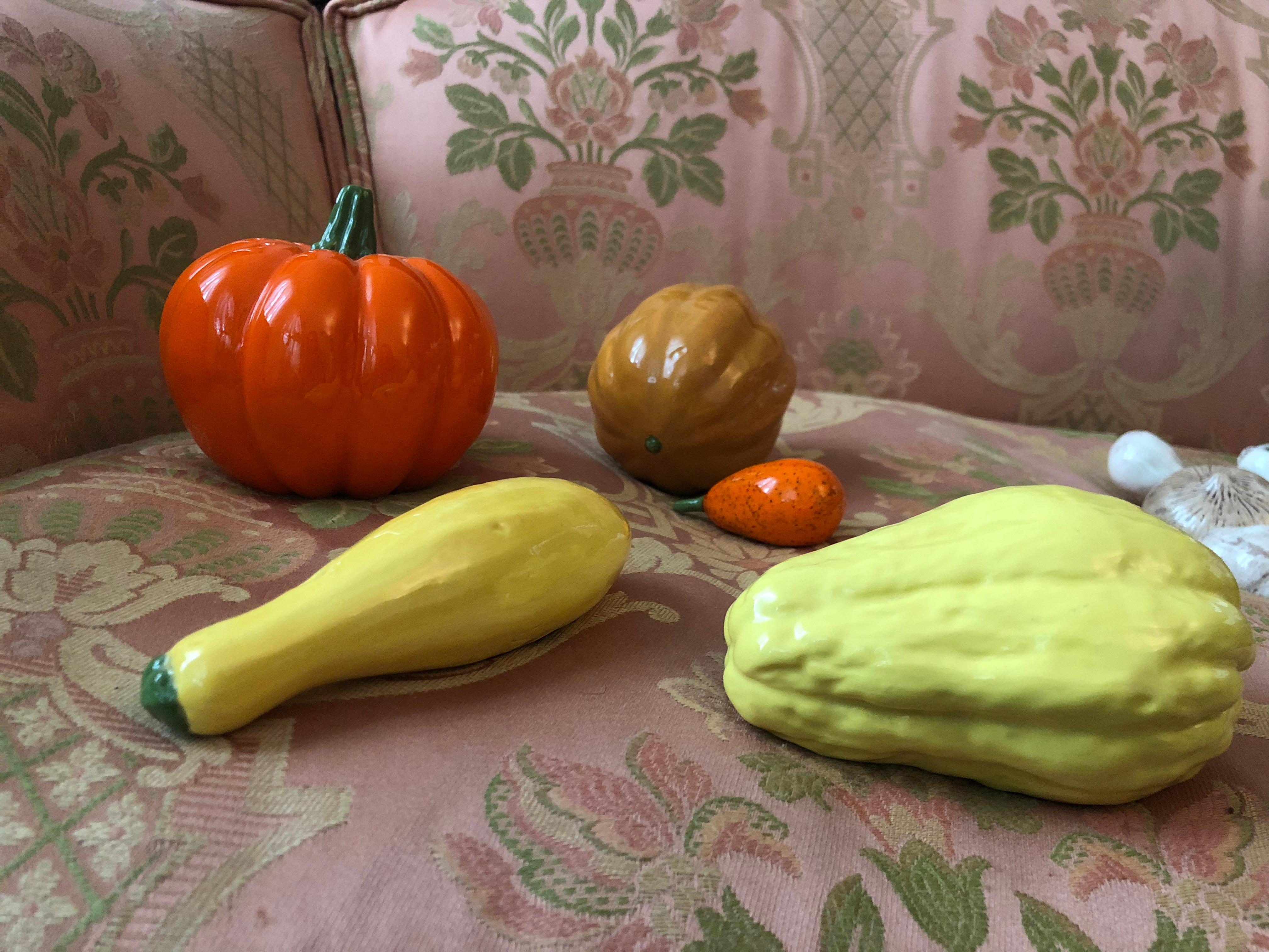 Vintage porcelain Cornucopia vegetable bounty sculptural set, handmade, Signed. Midcentury ceramic. Most pieces initialed by artist. 22+ pieces include but is not limited to the following: Cauliflower, Scallion, Red Onion, Turnip, Carrots, Red