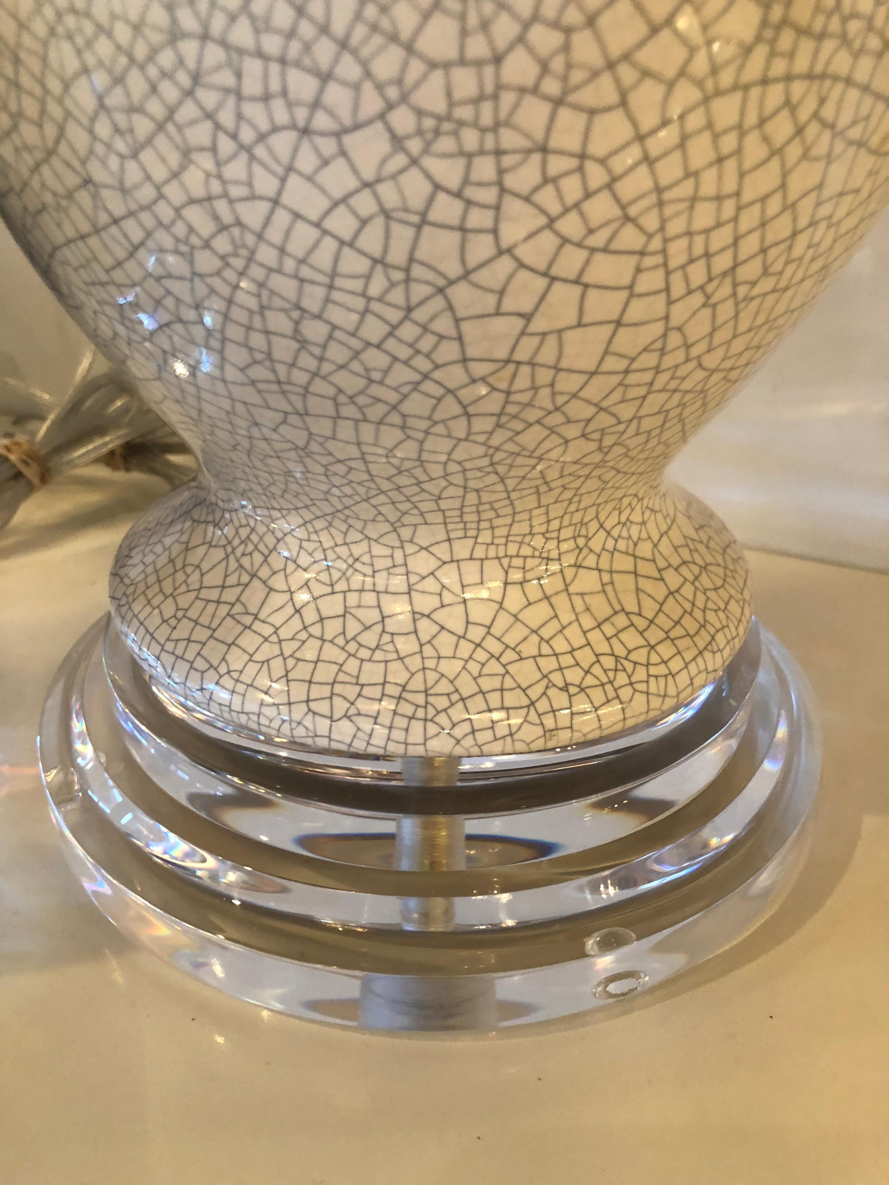 Hollywood Regency Vintage Porcelain Crackle Glaze Grey White Table Lamps Chrome Lucite, Pair For Sale