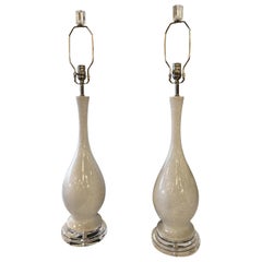 Retro Porcelain Crackle Glaze Grey White Table Lamps Chrome Lucite, Pair