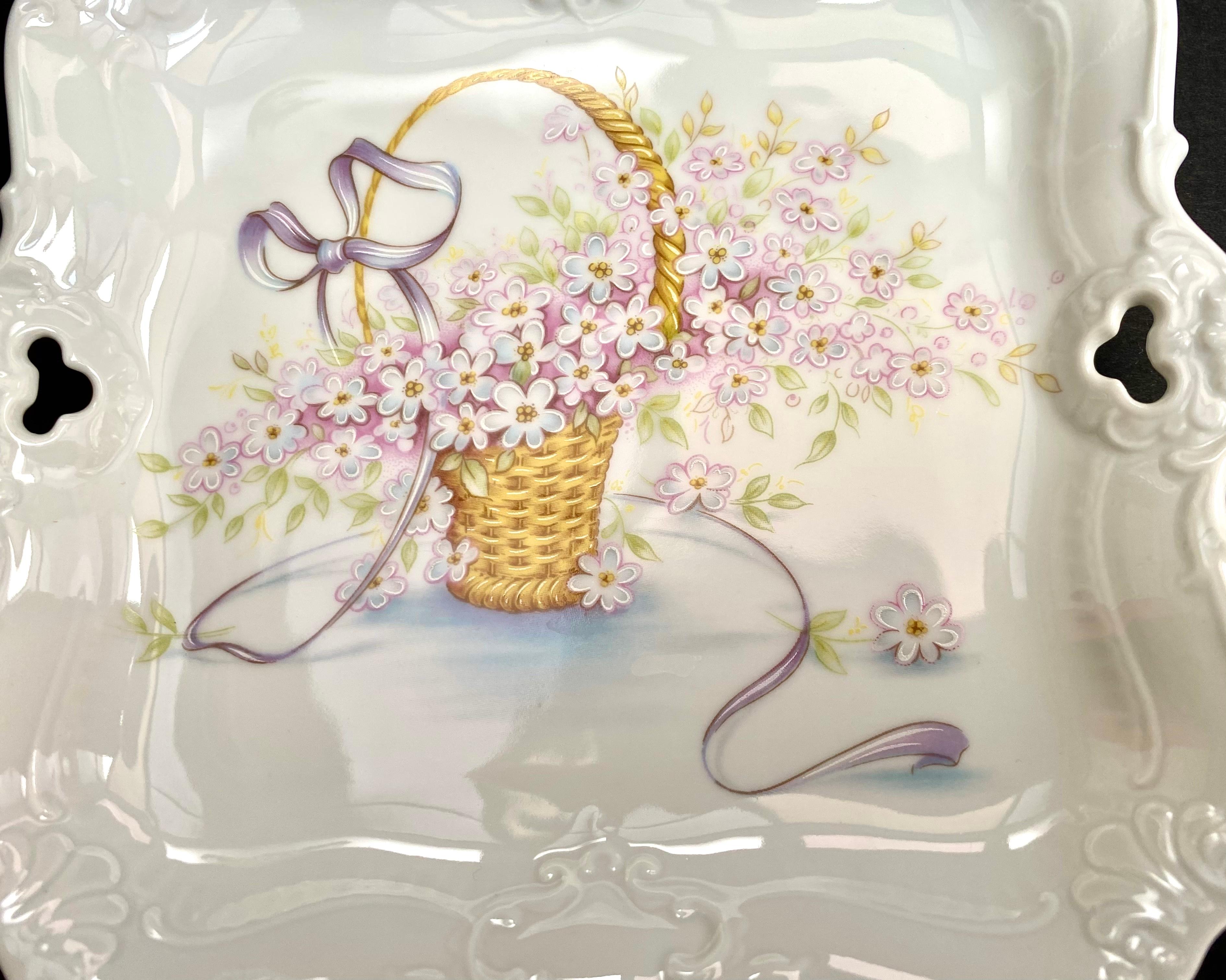 Beautiful serving dish/tray of Seltmann Weiden Bavaria from Germany. 1970s.

Embossed hand- painted white porcelain with botanical illustrations.

The product has a cute and delicate pattern - basket with wildflowers and a three-dimensional