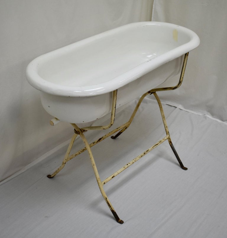 Vintage Porcelain Enamel Baby Bath on Folding Stand at 1stDibs