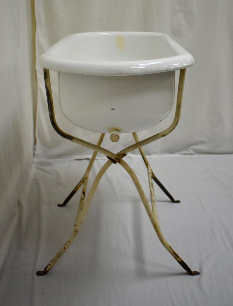 Vintage Porcelain Enamel Baby Bath on Folding Stand at 1stDibs