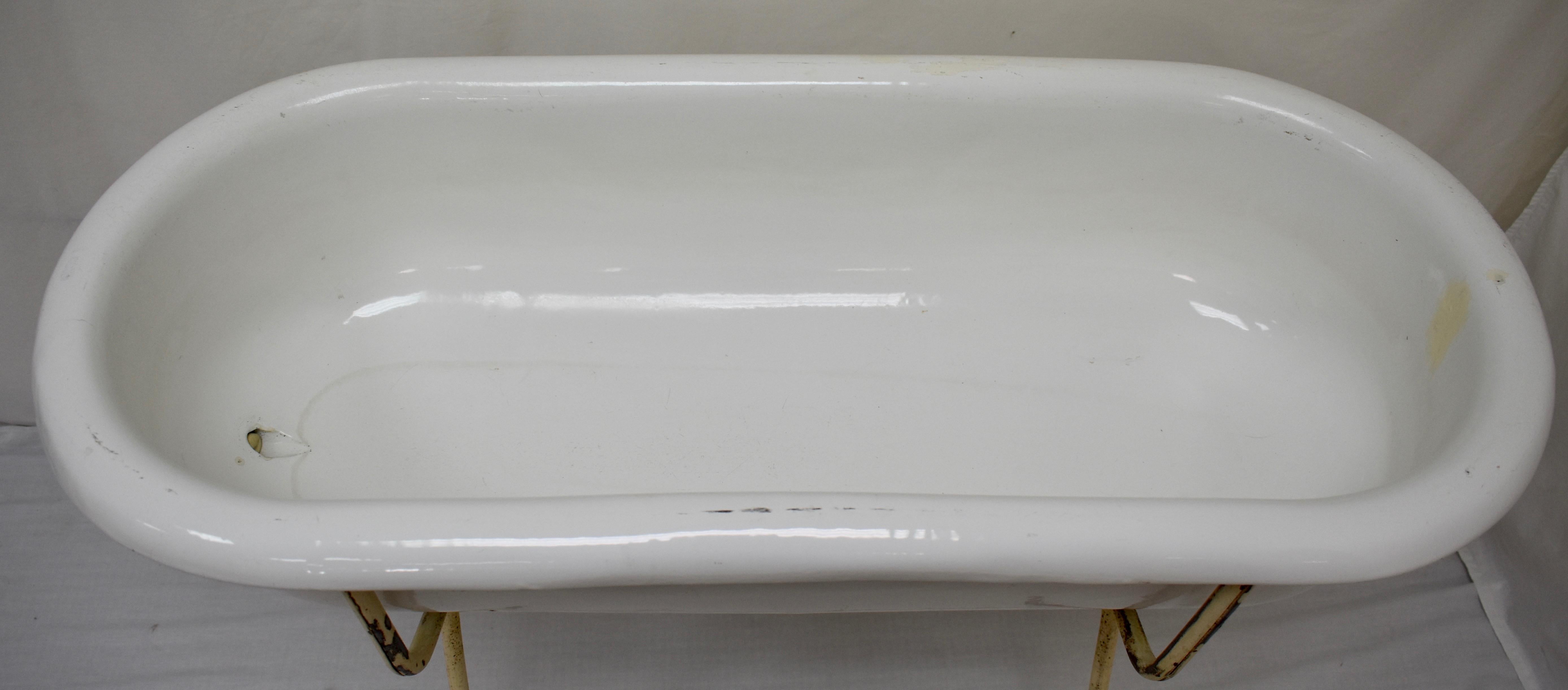 Vintage Porcelain Enamel Baby Bath on Folding Stand 2