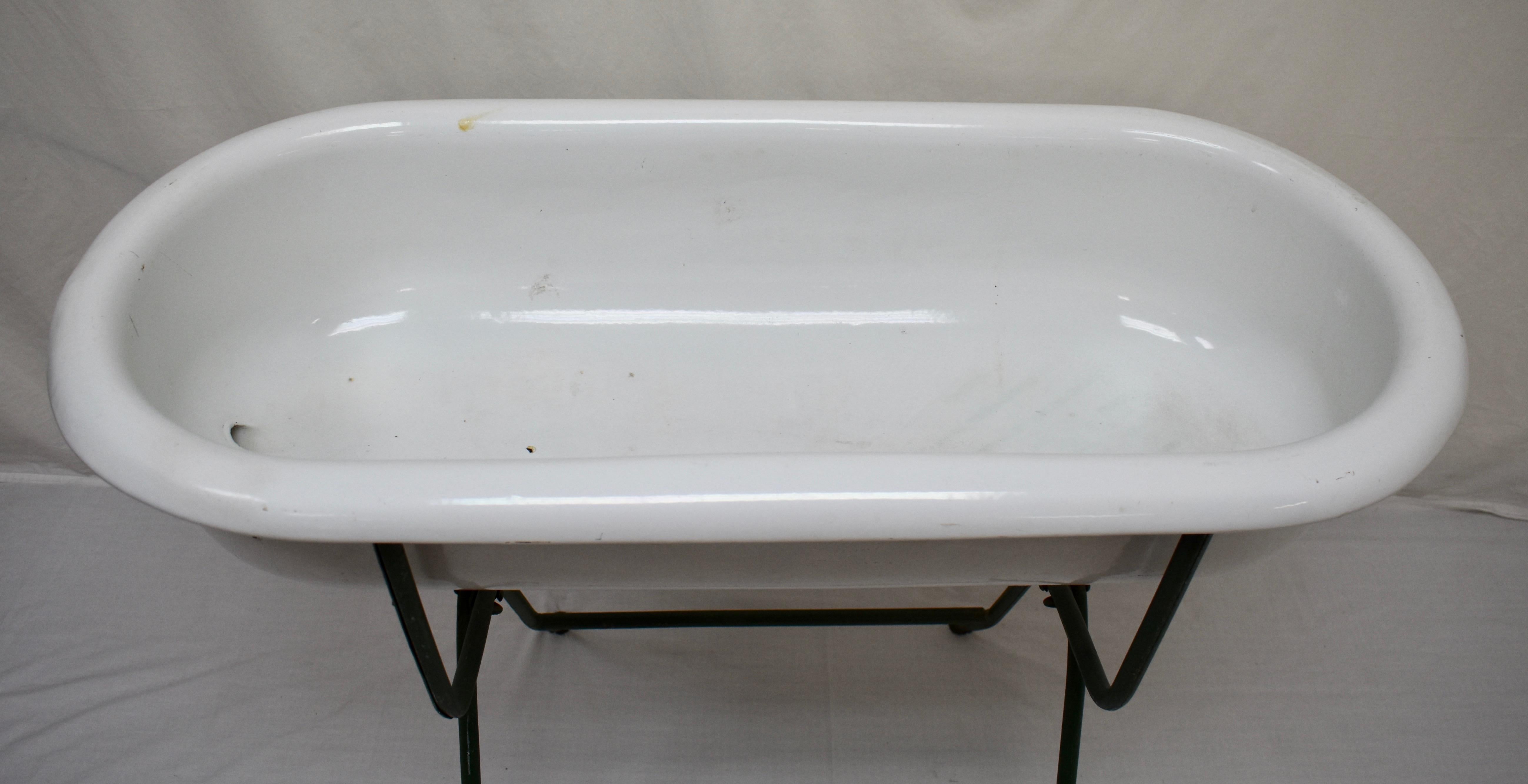 Vintage Porcelain Enamel Baby Bath on Folding Wrought Iron Stand 3