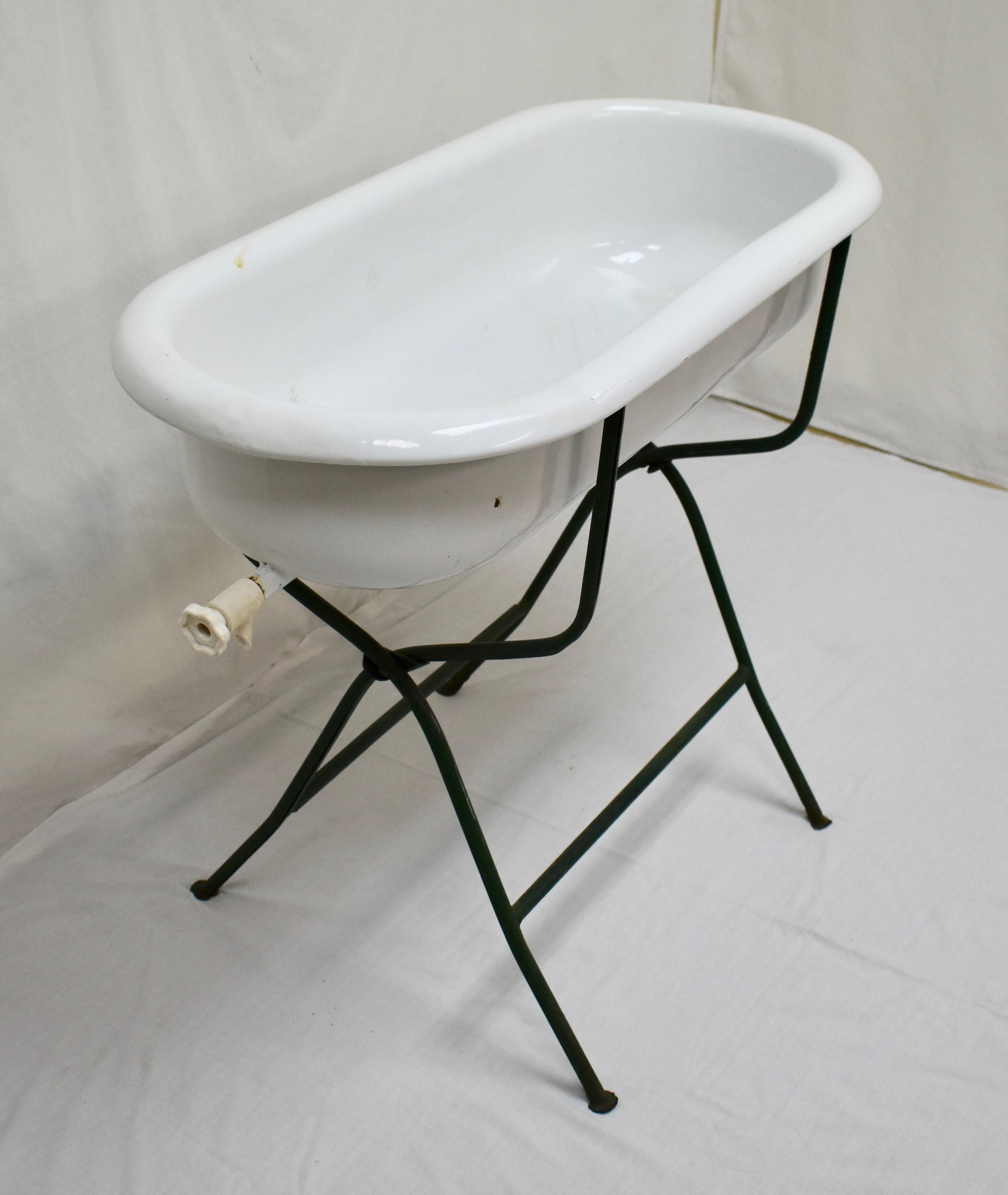 Hungarian Vintage Porcelain Enamel Baby Bath on Folding Wrought Iron Stand