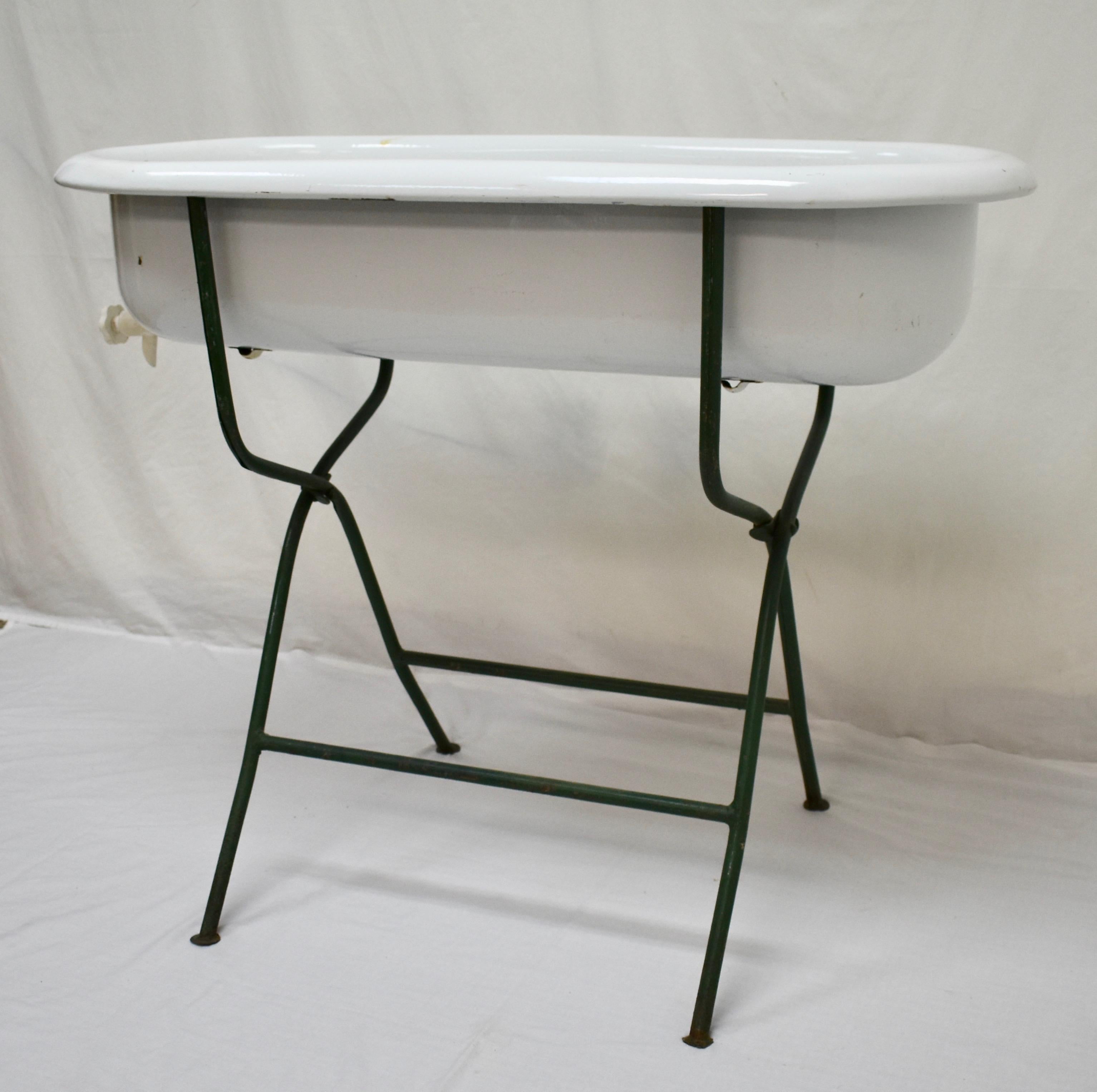 20th Century Vintage Porcelain Enamel Baby Bath on Folding Wrought Iron Stand