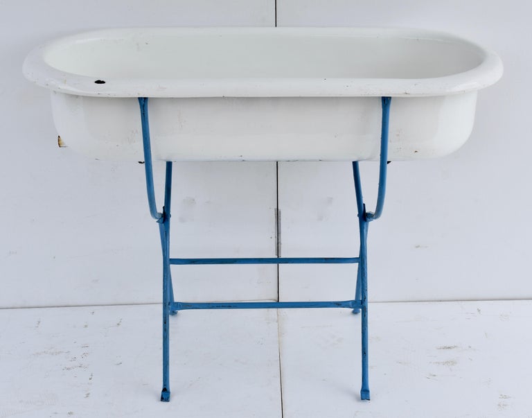 Vintage Porcelain Enamel Baby Bath on Wrought Iron Stand at 1stDibs