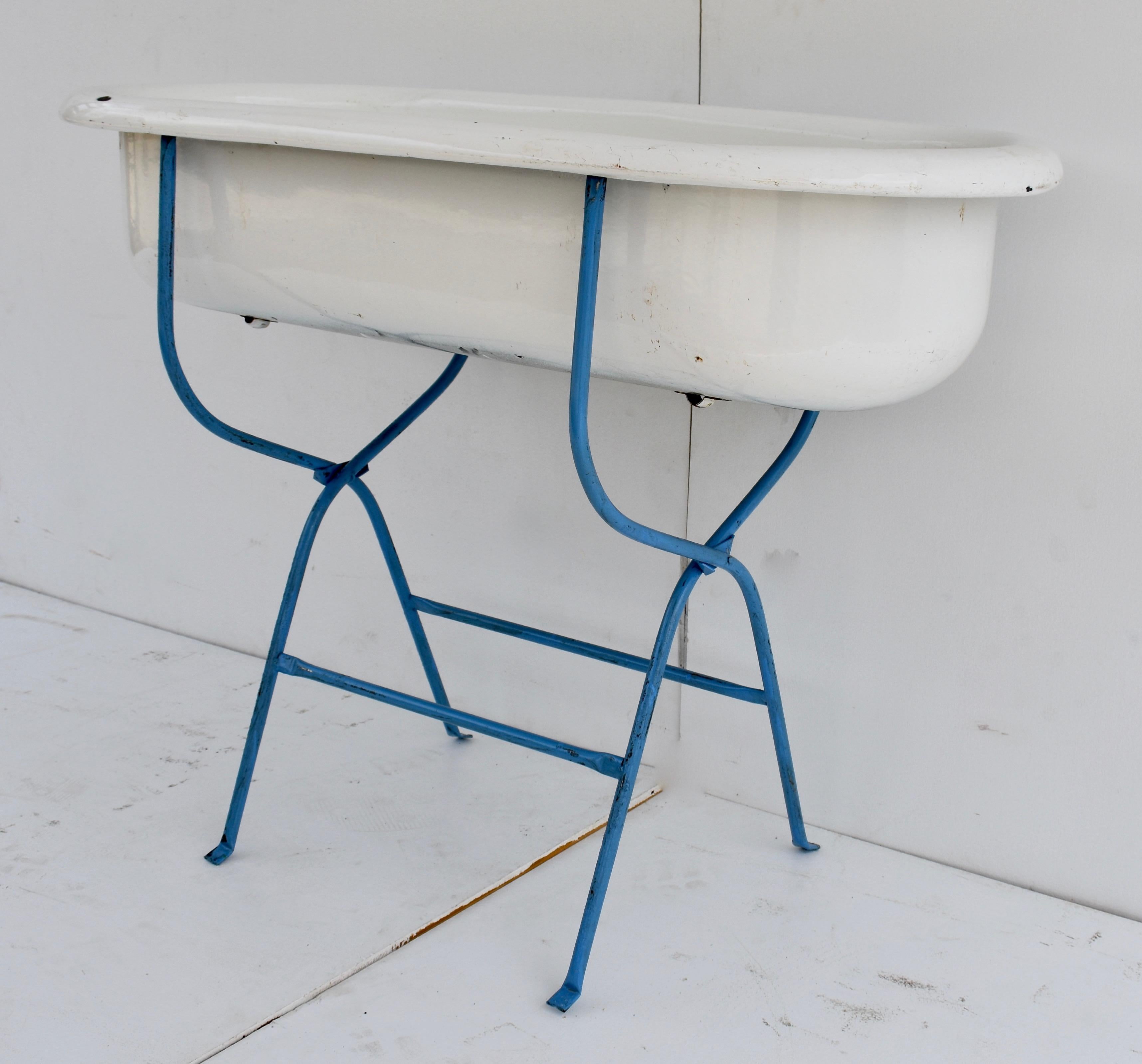 Industrial Vintage Porcelain Enamel Baby Bath on Wrought Iron Stand