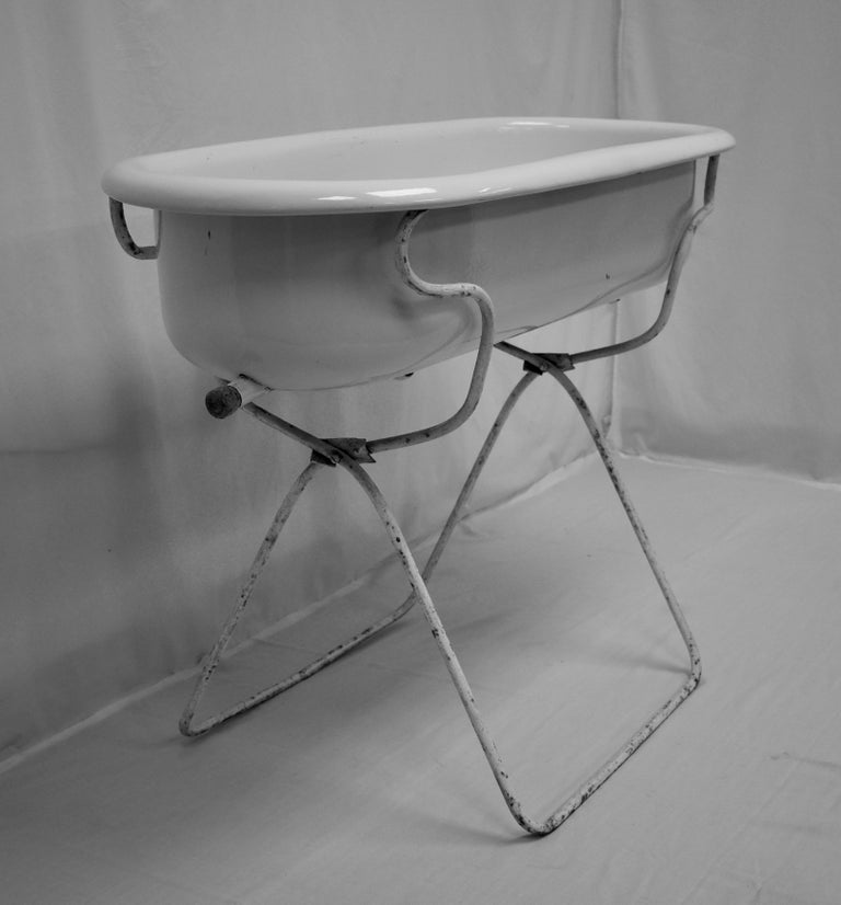 Vintage Porcelain Enamel Baby Bath with Stand at 1stDibs