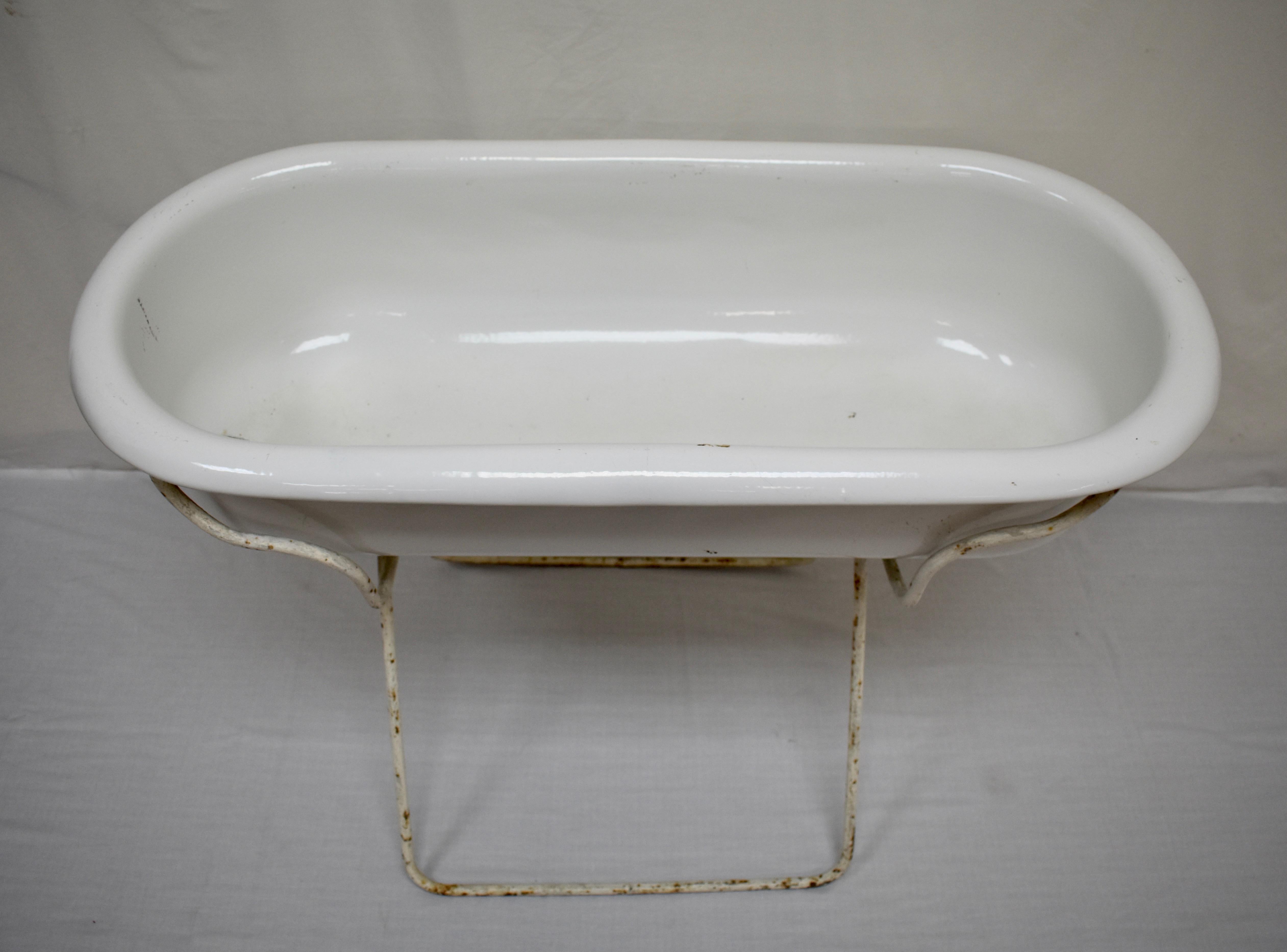 Hungarian Vintage Porcelain Enamel Baby Bath with Stand