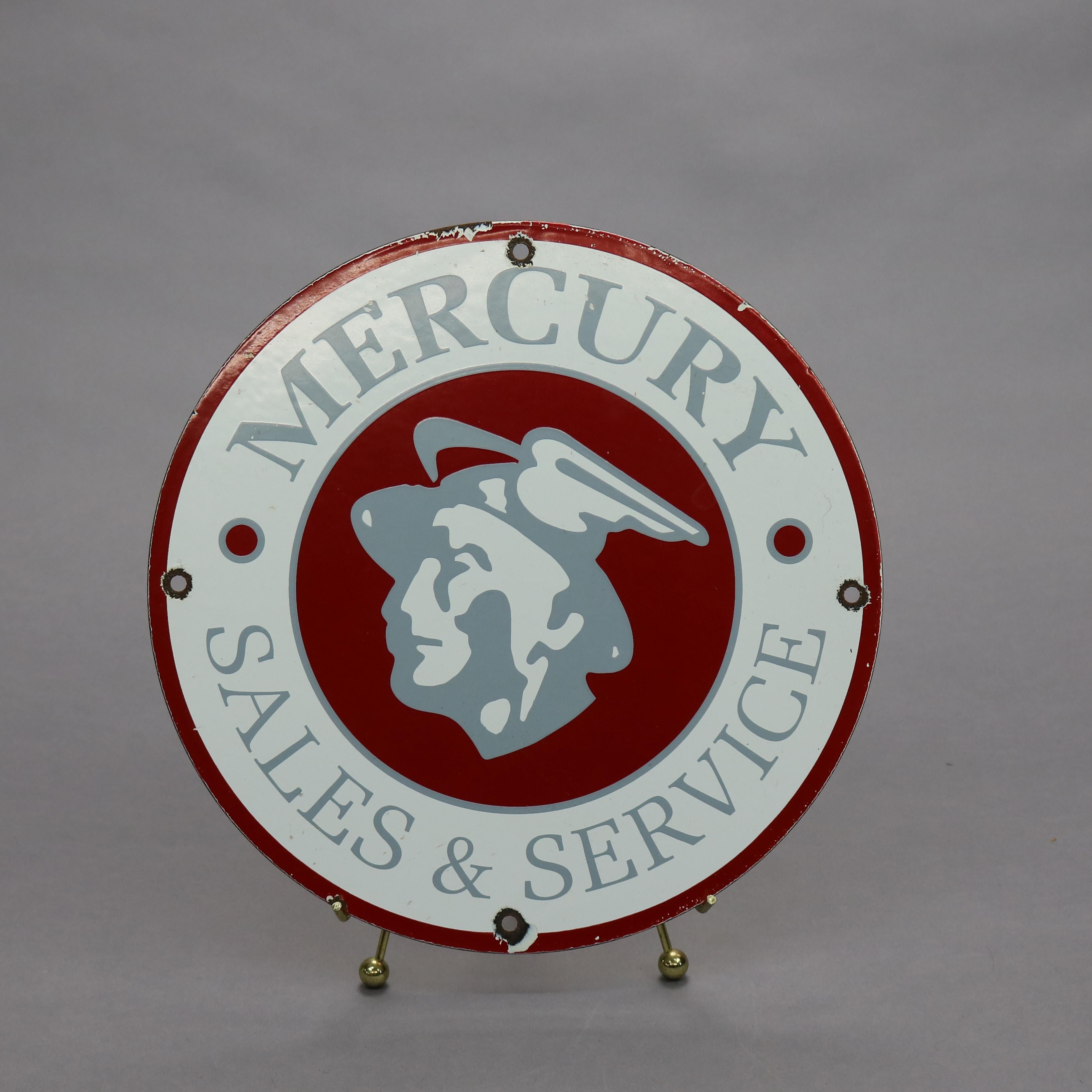 A vintage Mercury Sales and Service automotive (automobile, car) advertising sign offers round metal form with porcelain enameled logo having central iconic Roman god with his winged hat with wording surround, c1930

Measures - 11.75