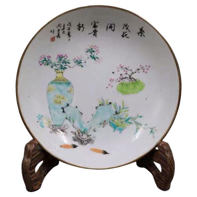 Vintage Asian Porcelain Famille Rose Flowers Plate For Sale