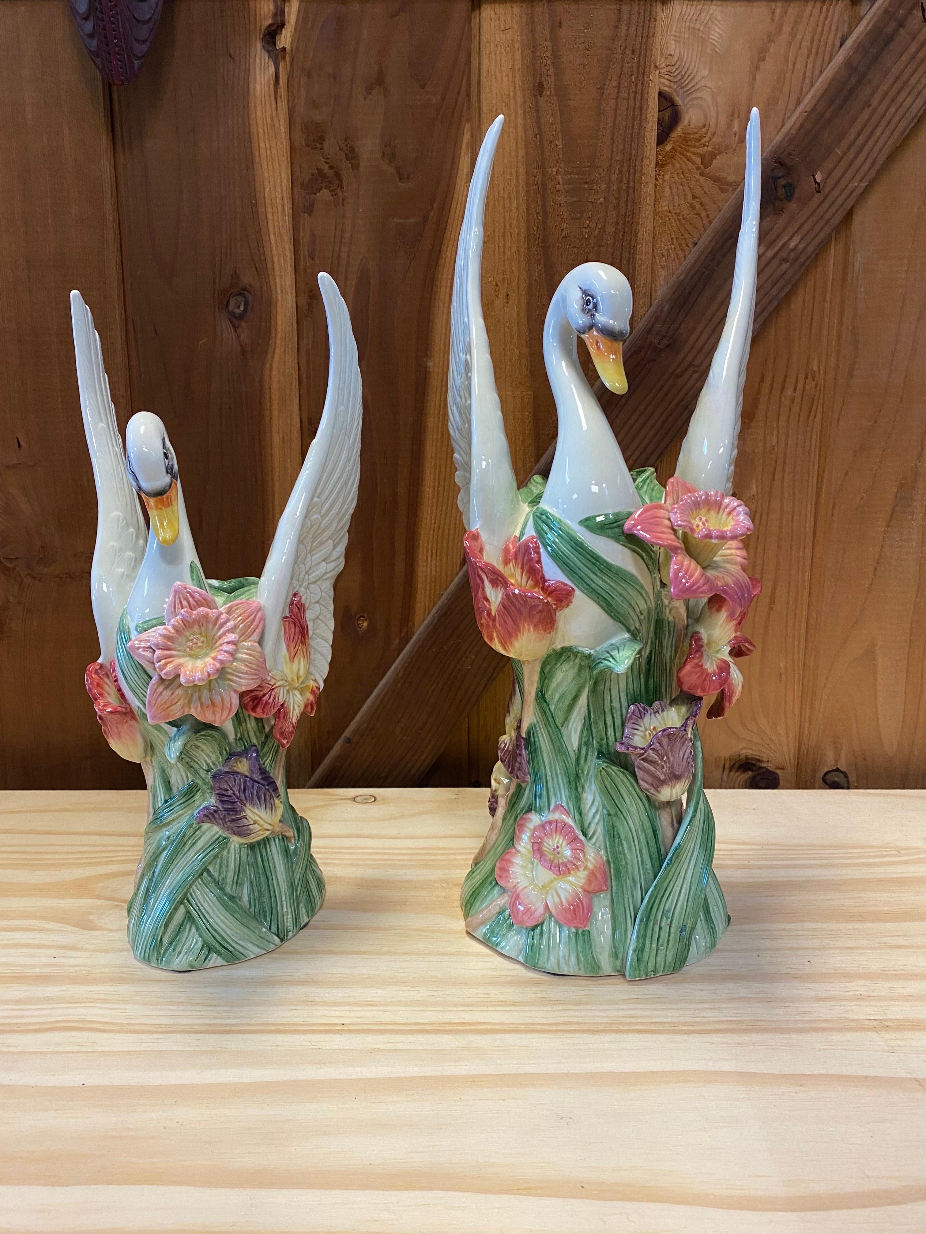 American Classical Vintage Porcelain Fitz and Floyd Swan Vases - A Pair