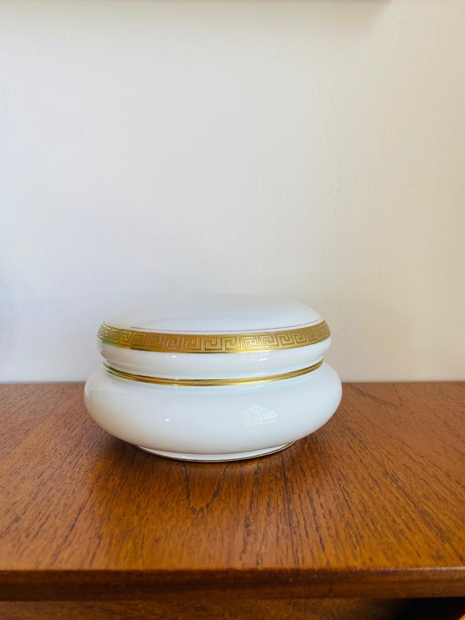 Hollywood Regency Vintage Porcelain Greek Key Jar with Lid by Royal Bayreuth For Sale