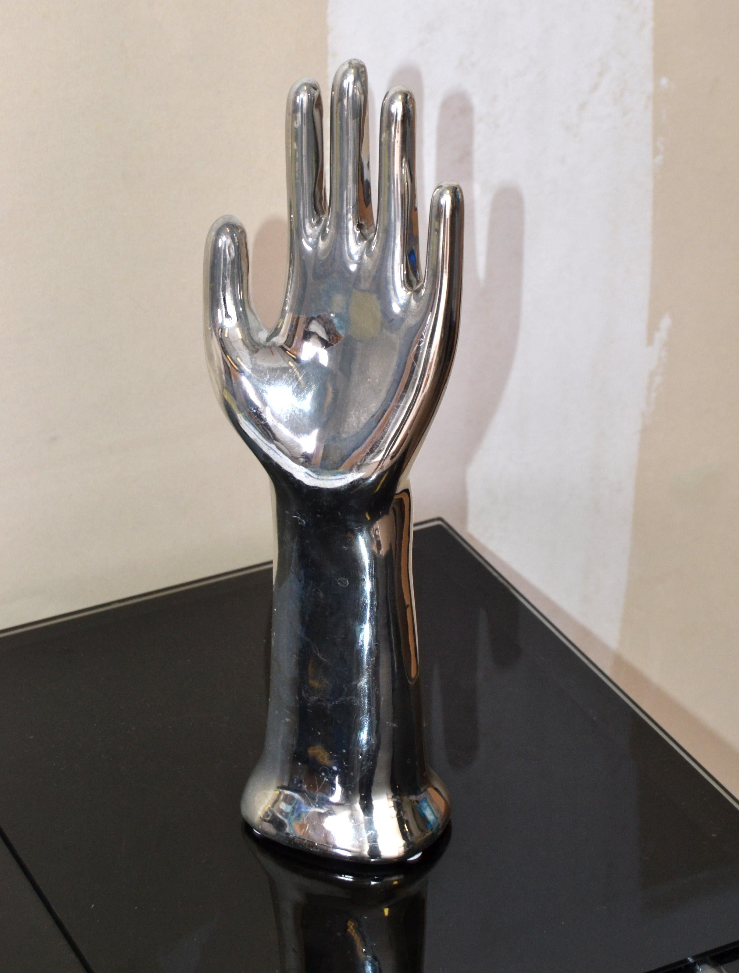 Vintage Porcelain Hand Glove Mold Nickel Plated Jewelry Stand Sculpture  1970s