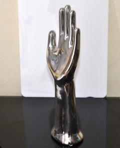 Vintage Porcelain Hand Glove Mold Nickel Plated Jewelry Stand Sculpture 1970s