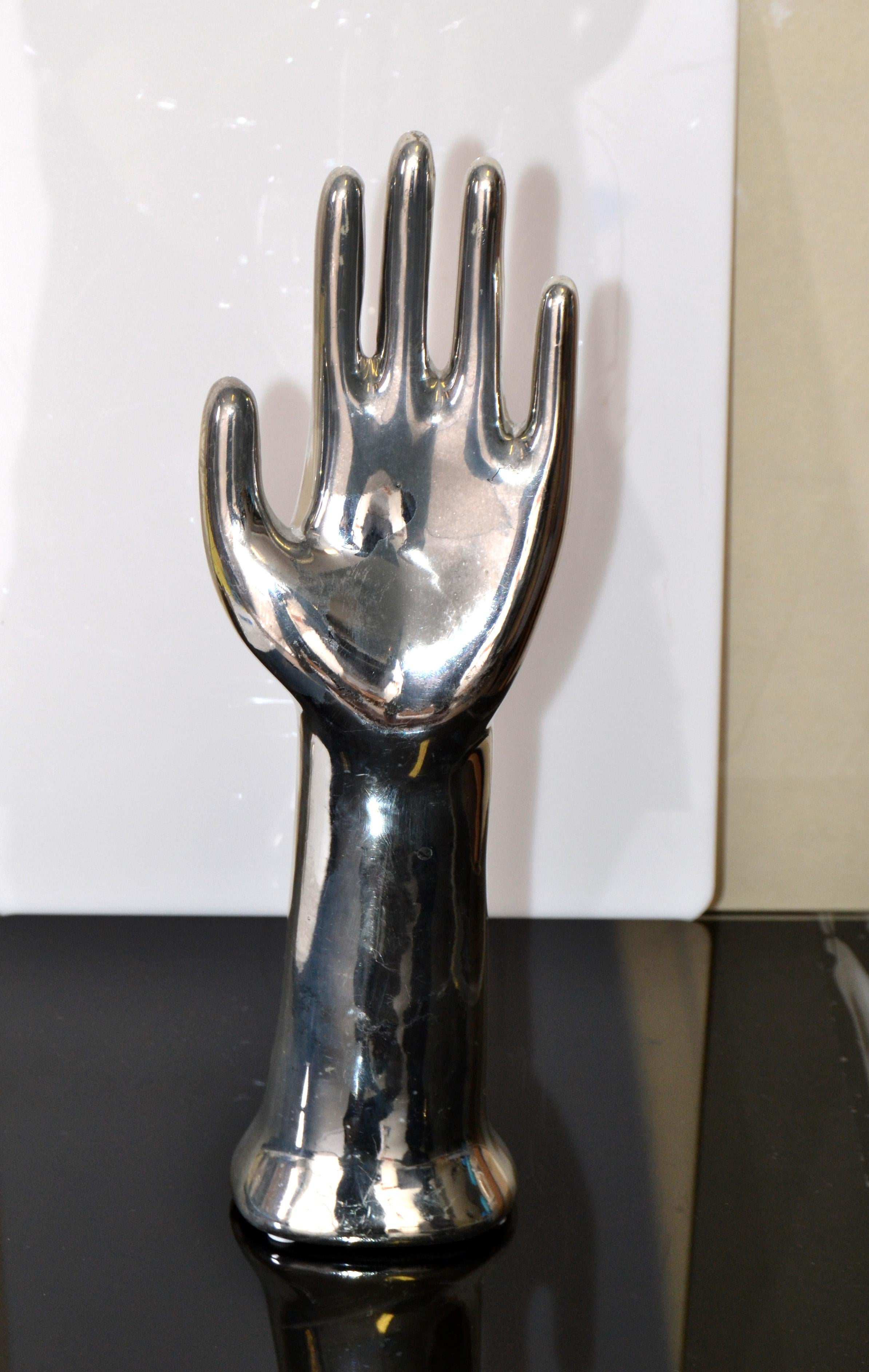 American Vintage Porcelain Hand Glove Mold Nickel Plated Jewelry Stand Sculpture 1970s For Sale