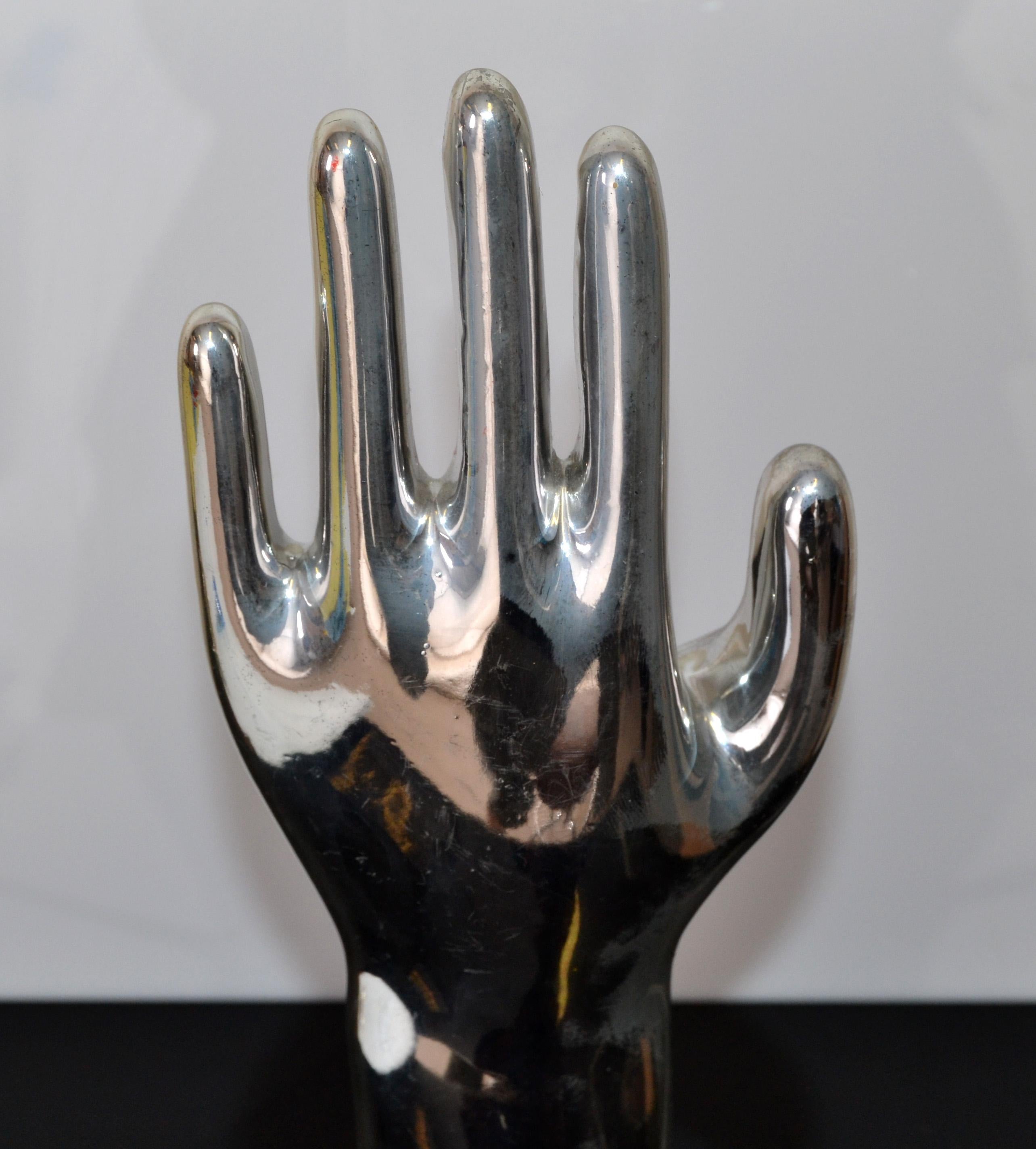 Vintage Porcelain Hand Glove Mold Nickel Plated Jewelry Stand Sculpture 1970s In Good Condition For Sale In Miami, FL
