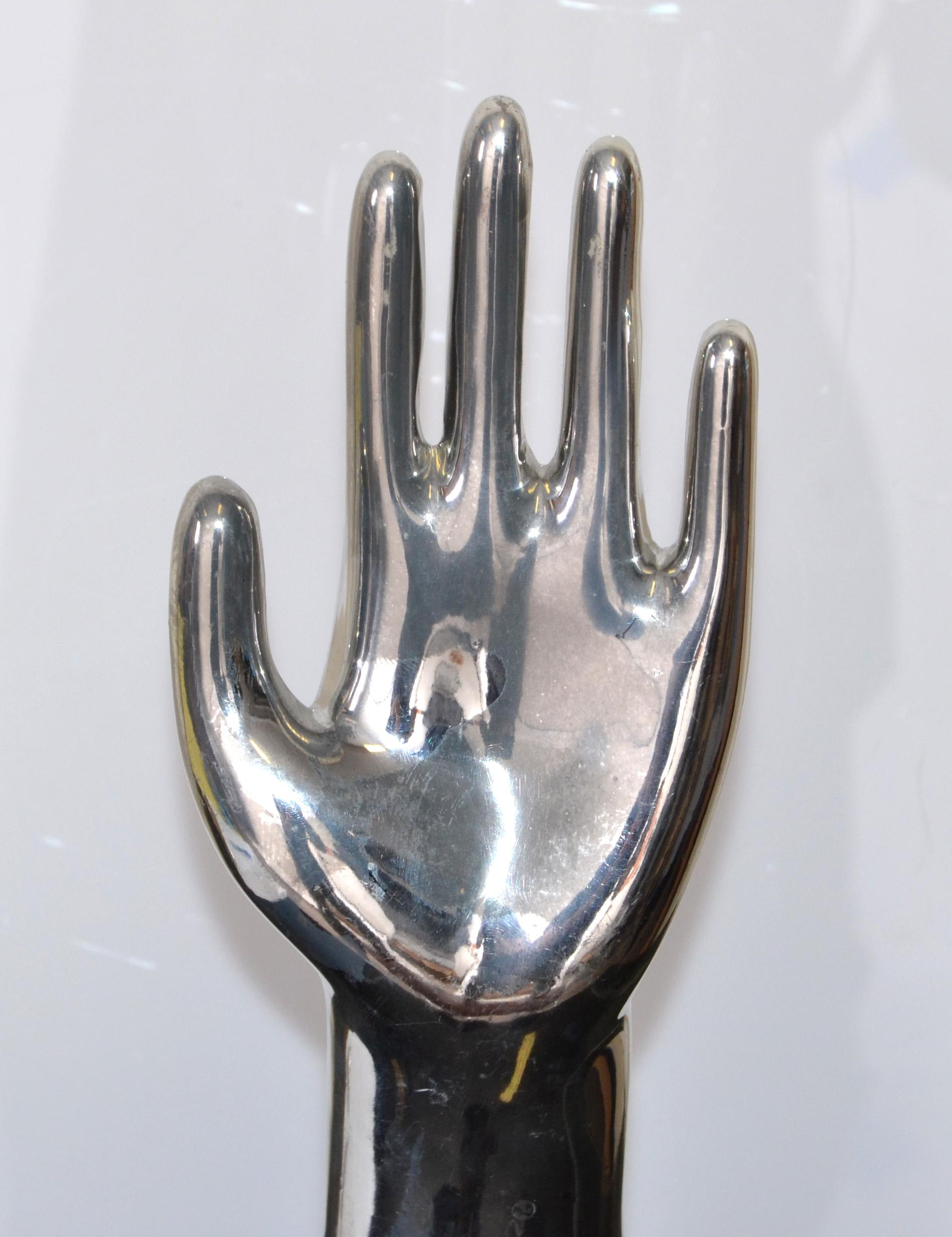 20th Century Vintage Porcelain Hand Glove Mold Nickel Plated Jewelry Stand Sculpture 1970s For Sale