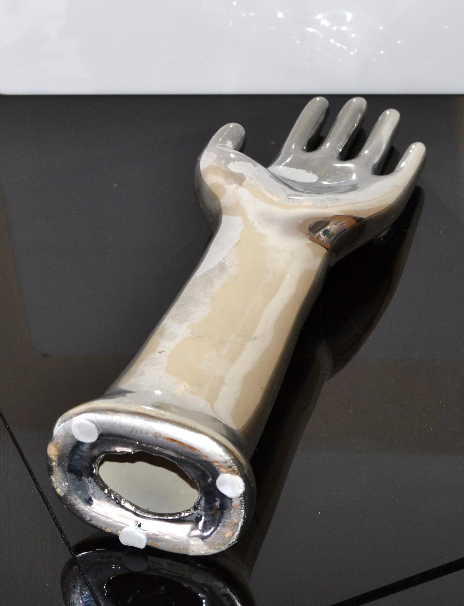 Vintage Porcelain Hand Glove Mold Nickel Plated Jewelry Stand Sculpture 1970s For Sale 2