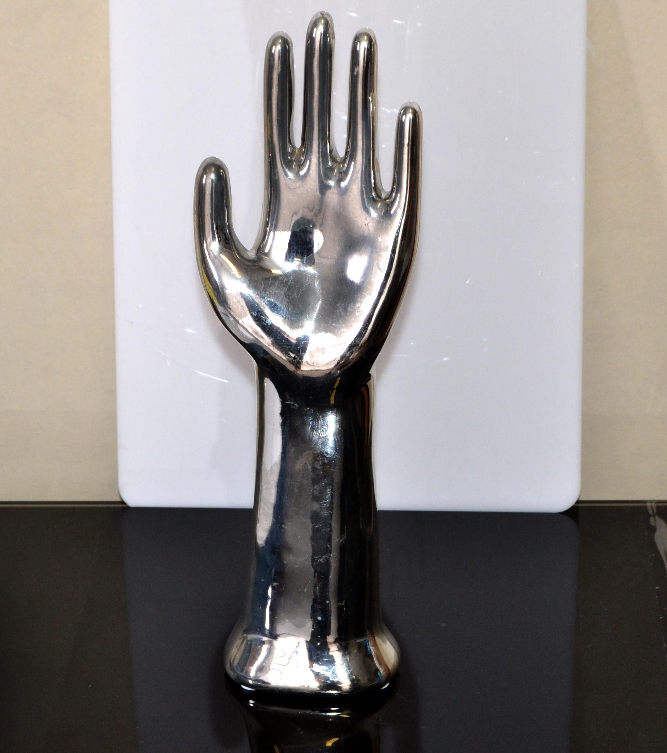 Vintage Porcelain Hand Glove Mold Nickel Plated Jewelry Stand Sculpture 1970s For Sale 3