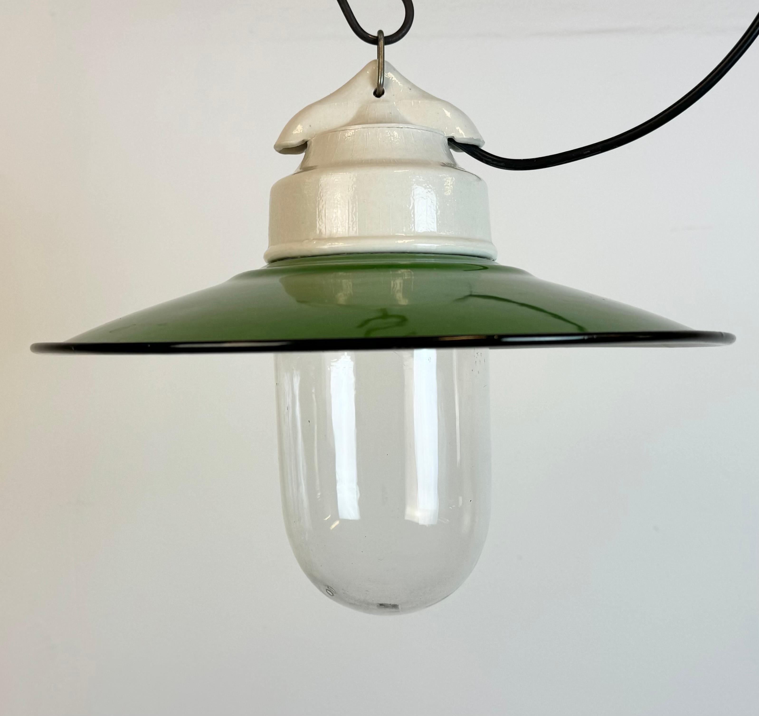 Industrial Vintage Porcelain Hanging  Light with Green Enamel Shade, 1970s For Sale