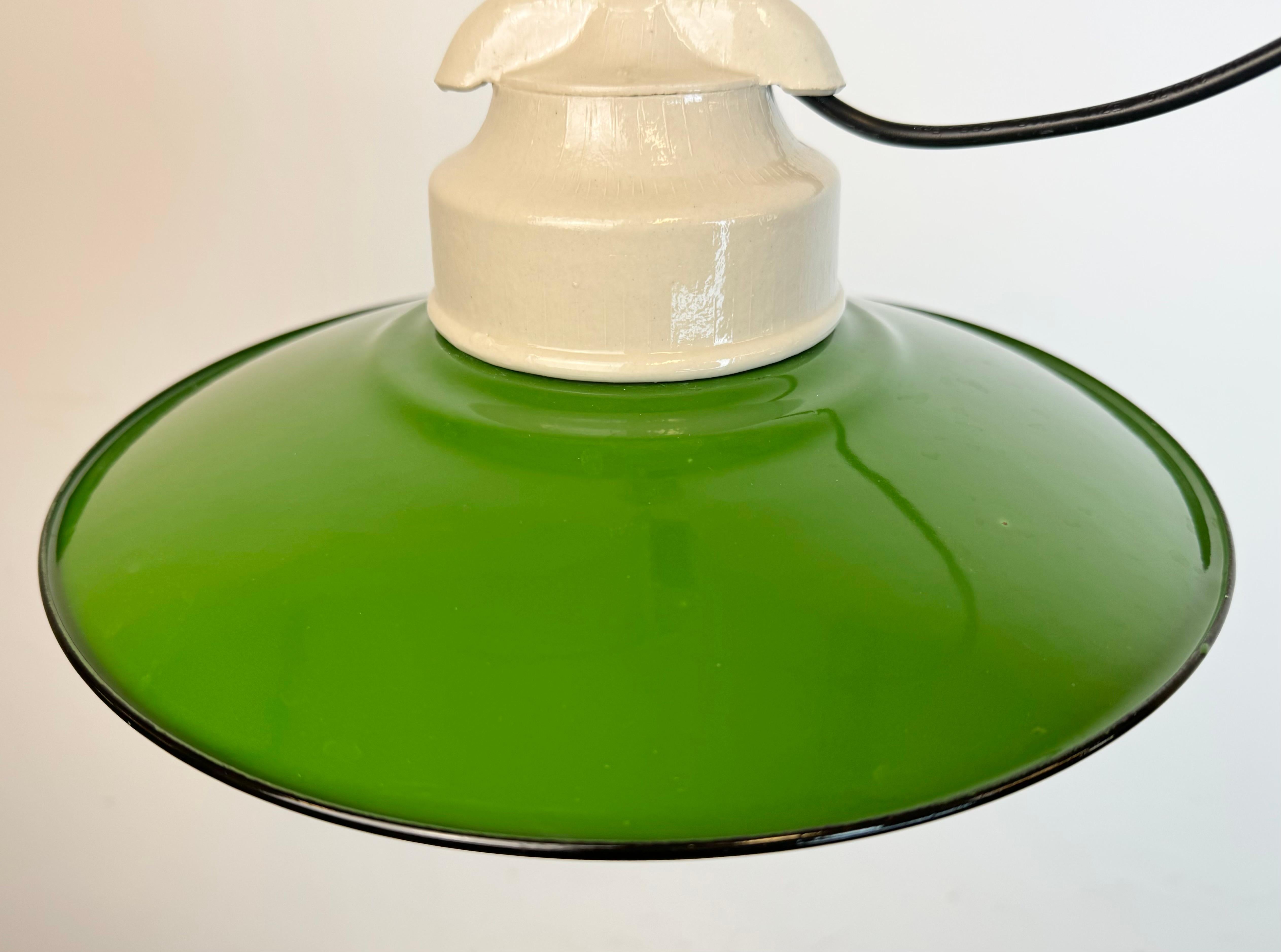 Vintage Porcelain Hanging  Light with Green Enamel Shade, 1970s In Good Condition In Kojetice, CZ