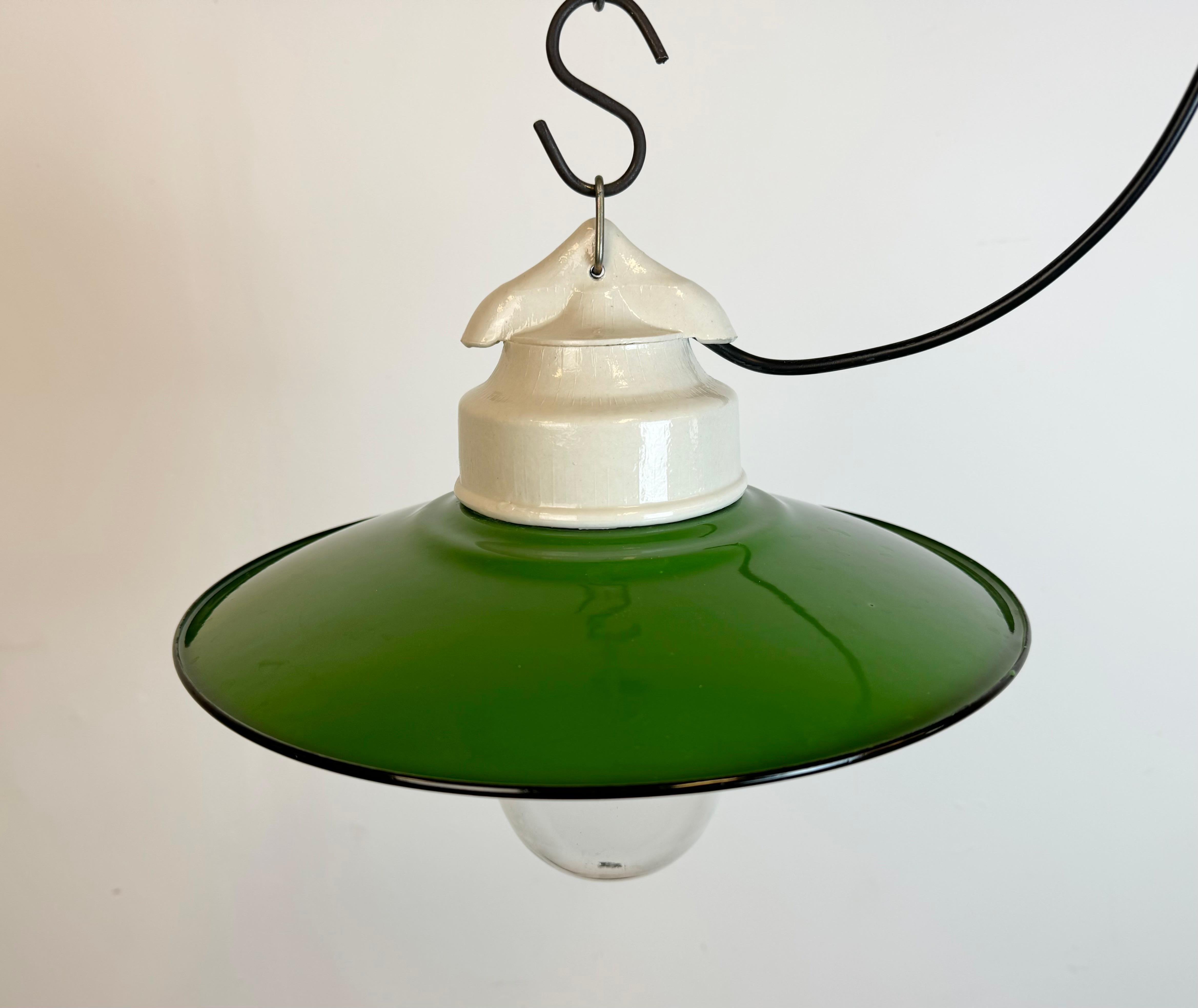 Vintage Porcelain Hanging  Light with Green Enamel Shade, 1970s 3