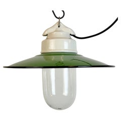 Vintage Porcelain Hanging Light with Green Enamel Shade, 1970s