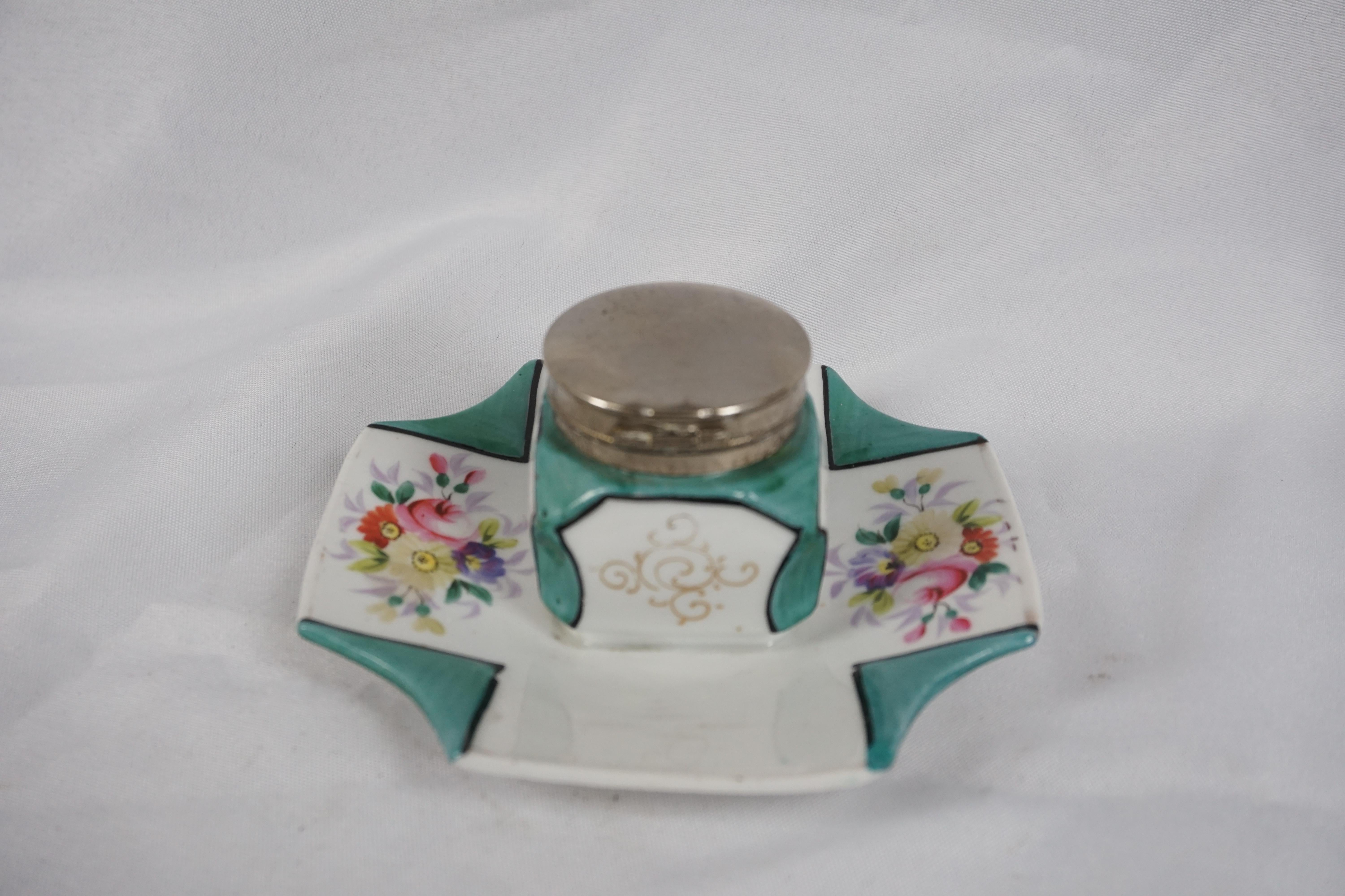 Mid-20th Century Vintage Porcelain Inkwell, Hand Painted, Scotland, 1930