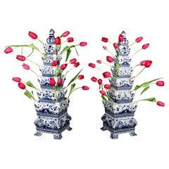 Jarrones vintage de porcelana azul bajo vidriado para tulipanes, chinos