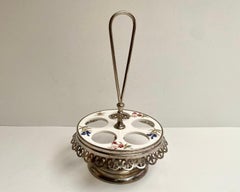 Vintage Porcelain Metal Egg Rack for Five Eggs, France Midcentury Eggs Holder