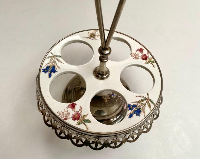 Vintage Porcelain Metal Egg Rack for Five Eggs, France Midcentury Eggs