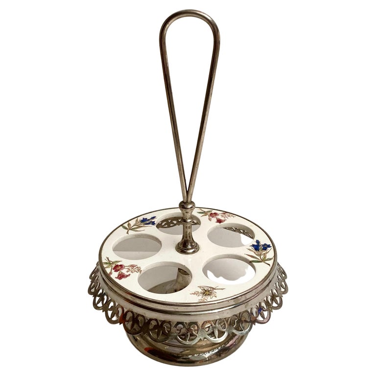 Vintage Porcelain Metal Egg Rack for Five Eggs, France Midcentury Eggs Holder For Sale at 1stDibs