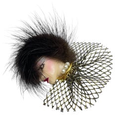 Vintage porcelain mink fur lady’s head designer brooch