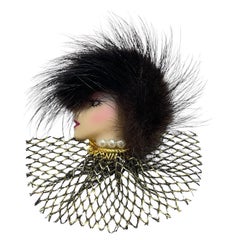 Vintage porcelain mink fur lady’s head designer brooch