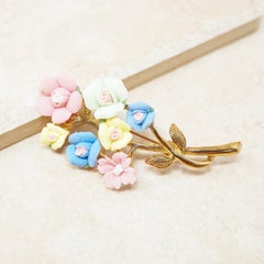 Vintage Porcelain Pastel Flower Bouquet Brooch, 1950s