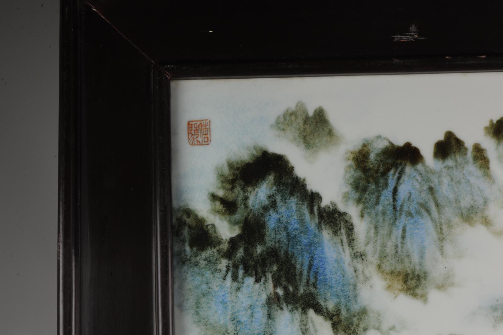 Plaque en porcelaine vintage avec cadre en bois - Paysage de montagne Fu Jun. Marqué, Chine en vente 6