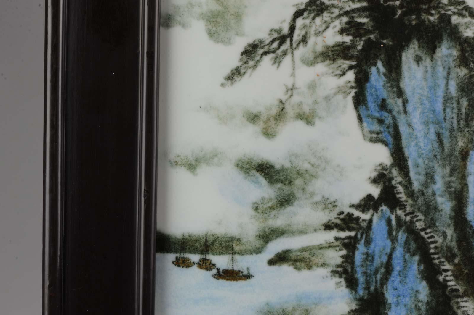 Plaque en porcelaine vintage avec cadre en bois - Paysage de montagne Fu Jun. Marqué, Chine en vente 8