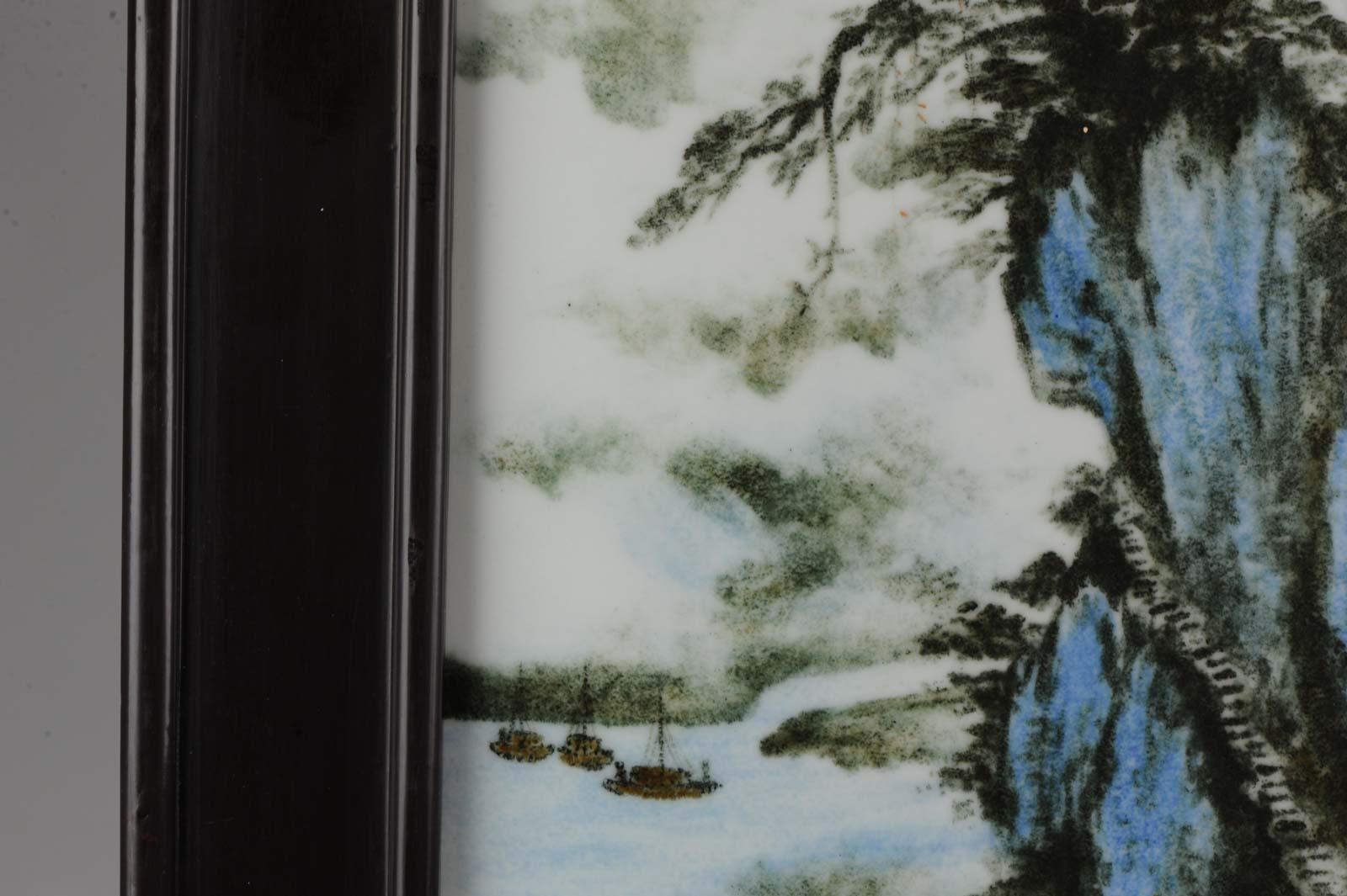 Placca di porcellana vintage con cornice in legno Paesaggio montano Fu Jun. Marks, Cina in vendita 8