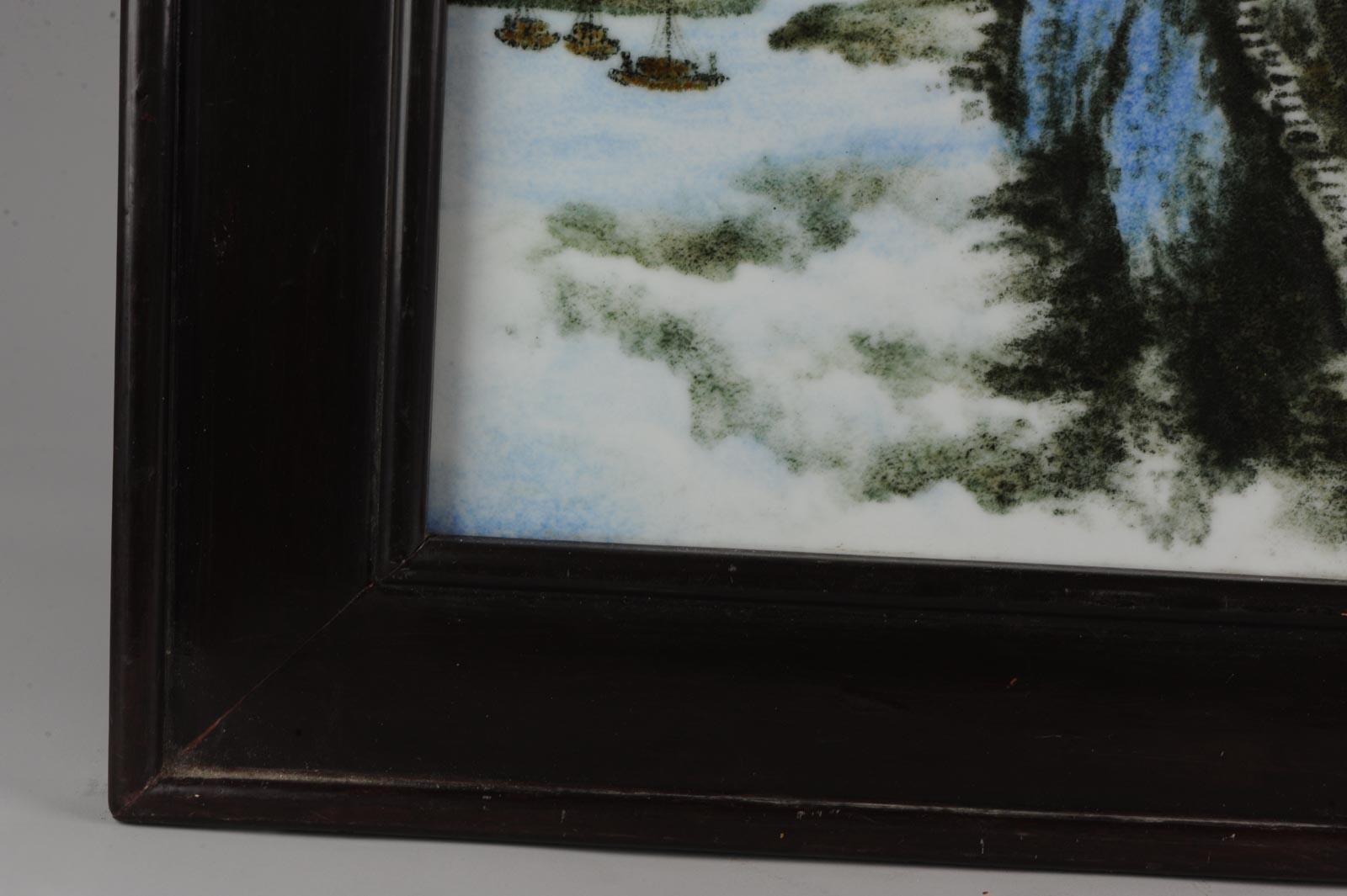 Placca di porcellana vintage con cornice in legno Paesaggio montano Fu Jun. Marks, Cina in vendita 9
