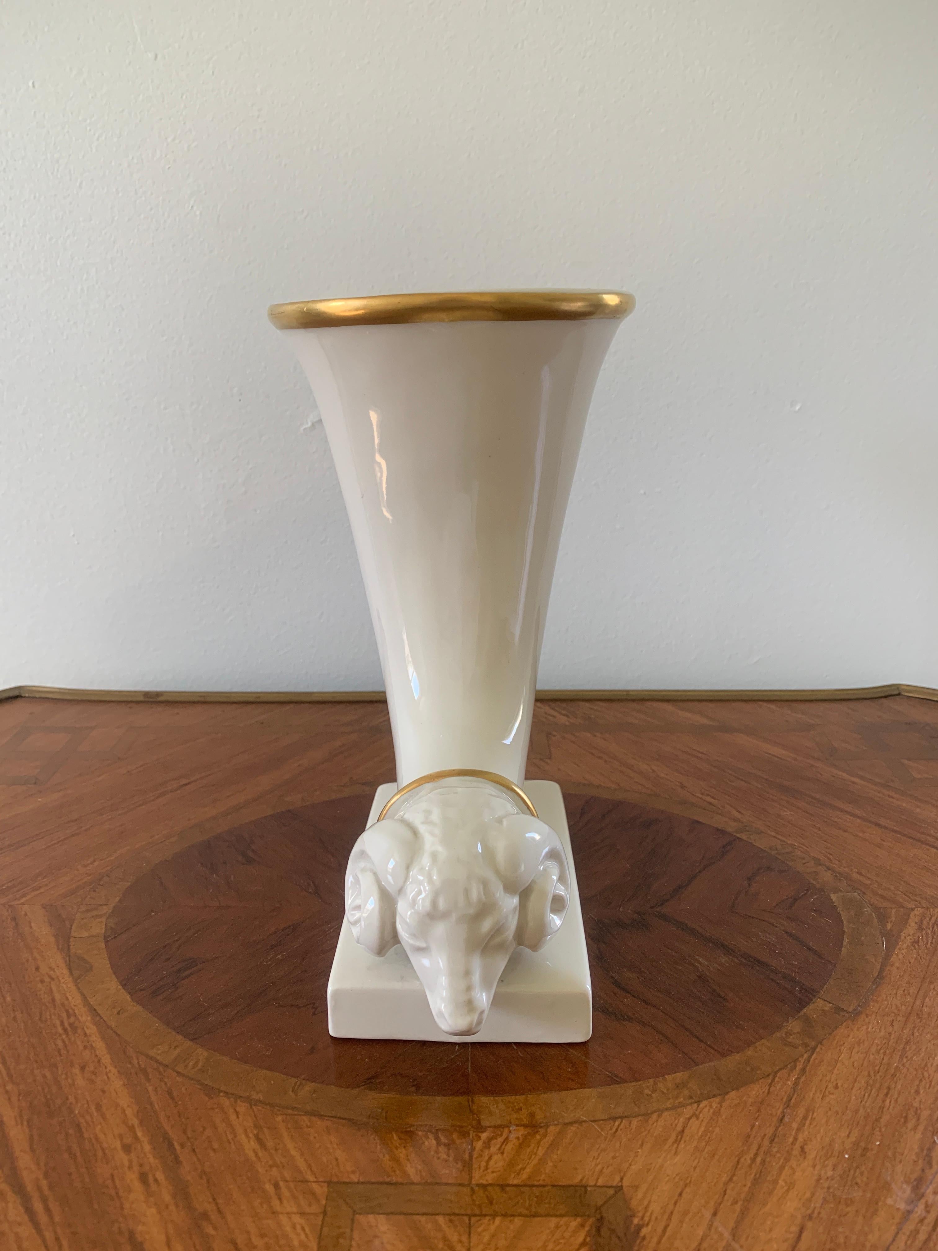 Neoclassical Vintage Porcelain Ram's Head Cornucopia Vase For Sale