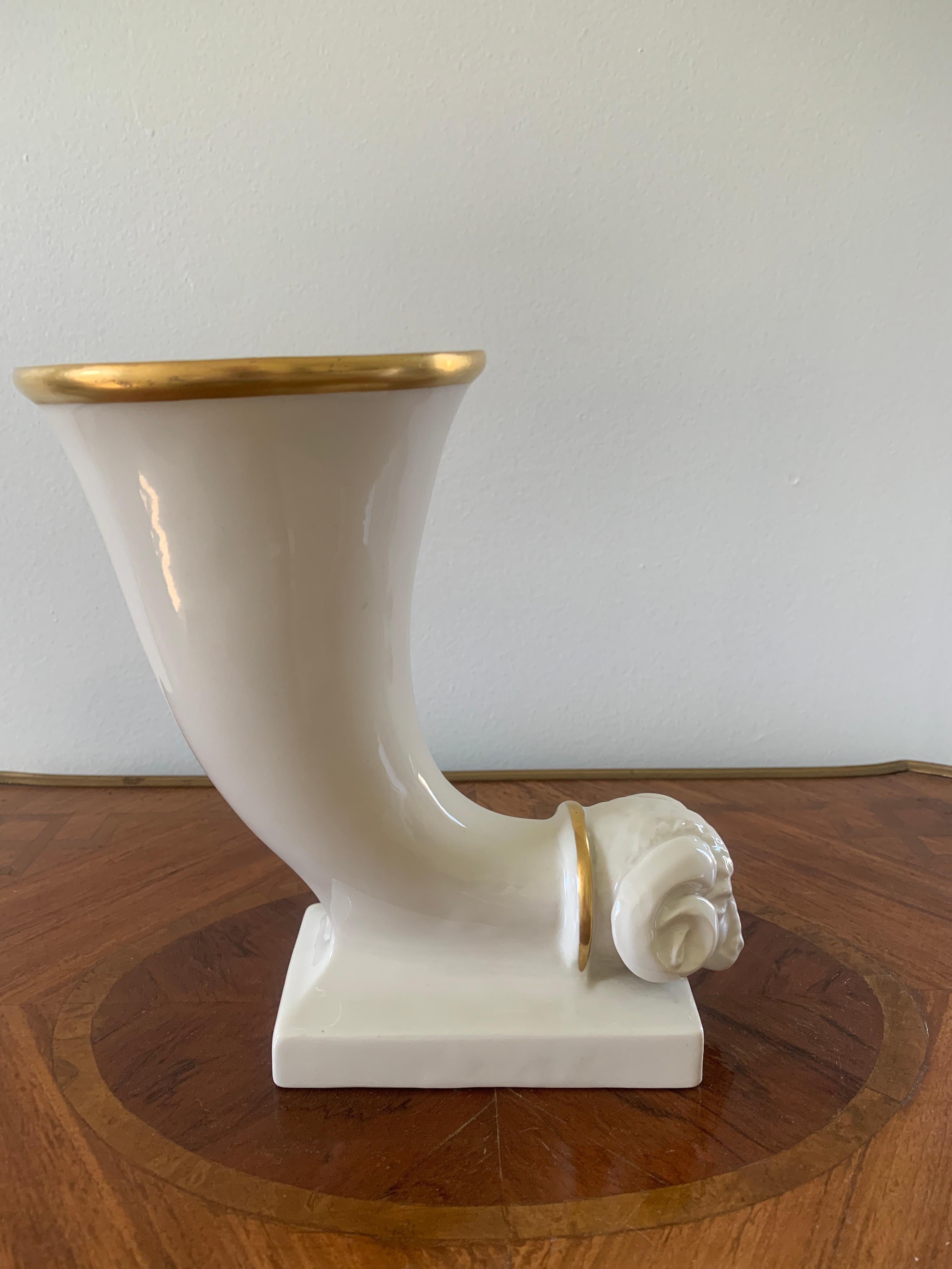 Mid-20th Century Vintage Porcelain Ram's Head Cornucopia Vase For Sale